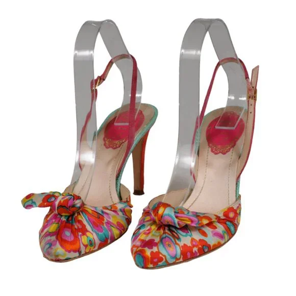 Rene Caovilla Womens Floral Fabric Slingback Pump US 7 EU 37 Pink Yellow Blue